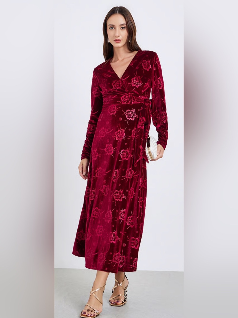 NEW Women’s Velvet Floral Printed Burgundy Midi Faux Wrap Dress Medium